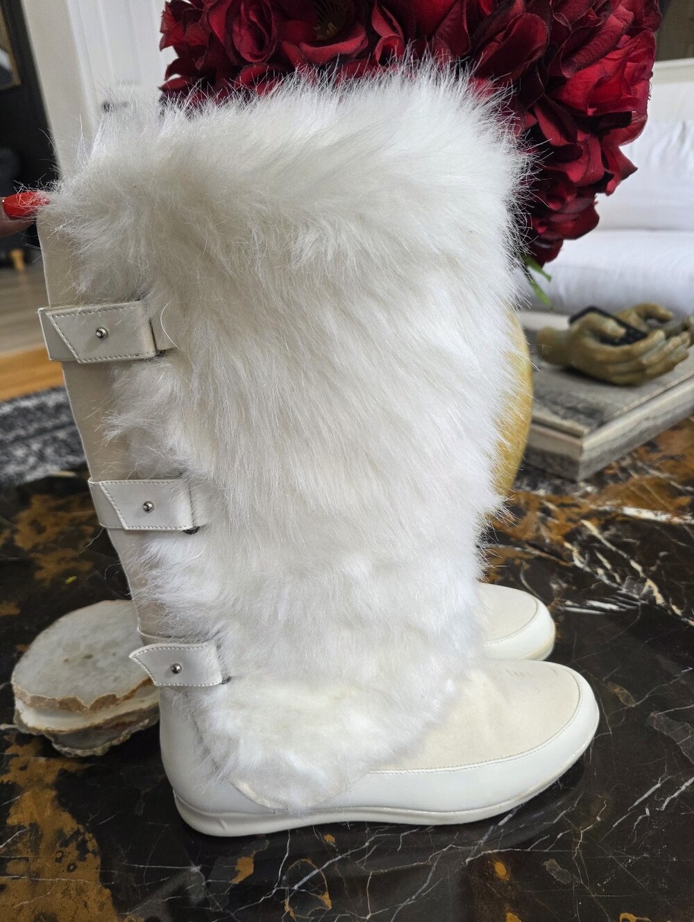 Vtg Baby Phat White Faux Fur Mid-Calf Winter Boots Y2K McBling 8.5M Apres - Picture 12 of 13
